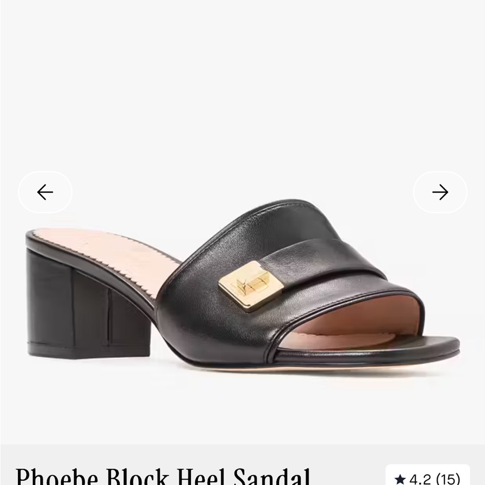 New kate spade Phoebe Black Leather Block Heel Mule Sandals with Gold Buckle